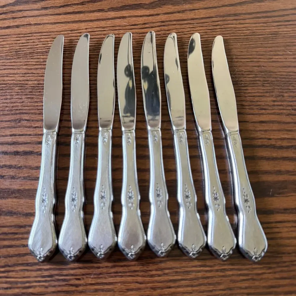 Oneida Morning Blossom Dinner Knives Profile Stainless Burnished Lot of 8 - Picture 4 of 4